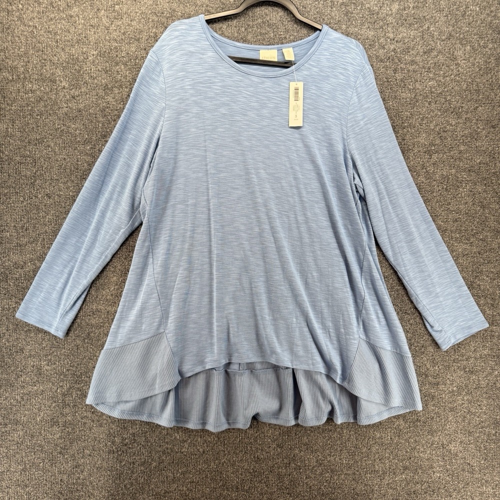Chicos Top 3 Womens XL Blue Ribbed Tunic 3/4 Sleeve Casual Lagenlook Resort